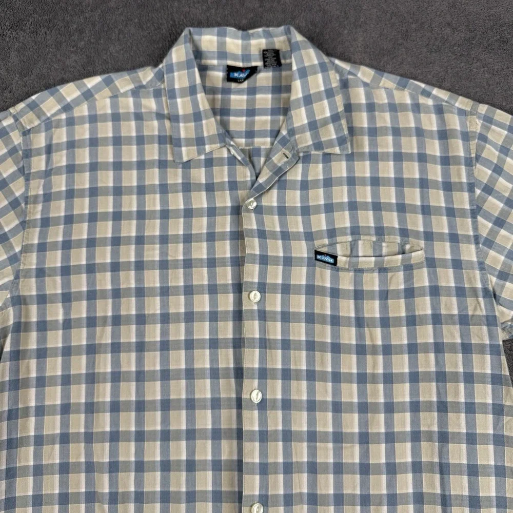 Kavu 100% Cotton Short Sleeve Yellow Plaid Button Down Shirt Sz Large